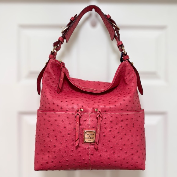 Dooney & Bourke Handbags - Dooney & Bourke Ostrich Embossed Leather Pocket Sac Hobo in Fuchsia NWT